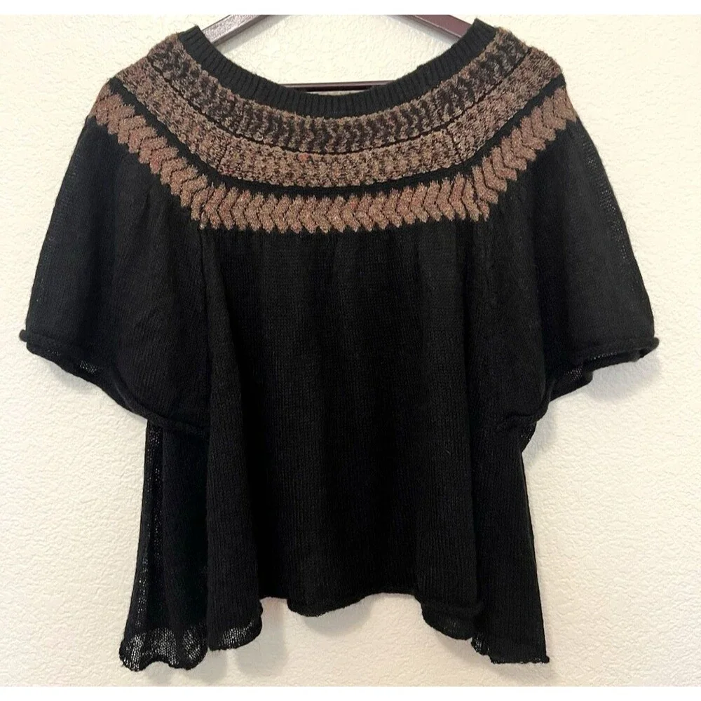 FREE PEOPLE Black Loch Lomond Off Shoulder Flutter Sleeve Sweater Wool Blend S